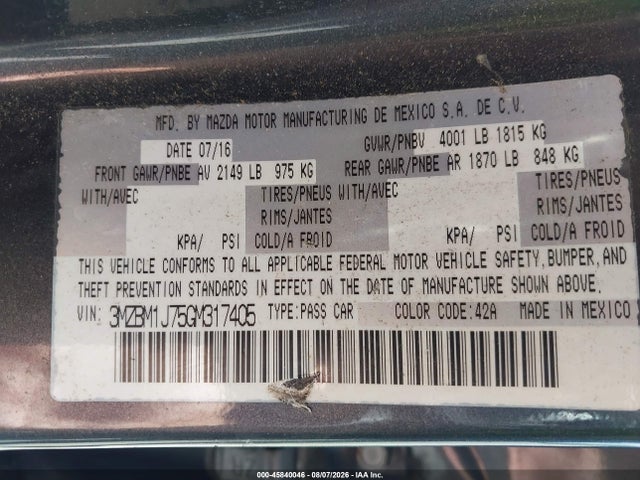 45840046 :رقم المزاد ، 3MZBM1J75GM317405 vin ، 2016 Mazda Mazda3 I Sport مزاد بيع