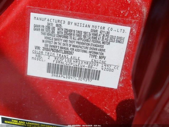 45840060 :رقم المزاد ، 3N8AP6DB4TL309397 vin ، 2026 Nissan Kicks Sr مزاد بيع