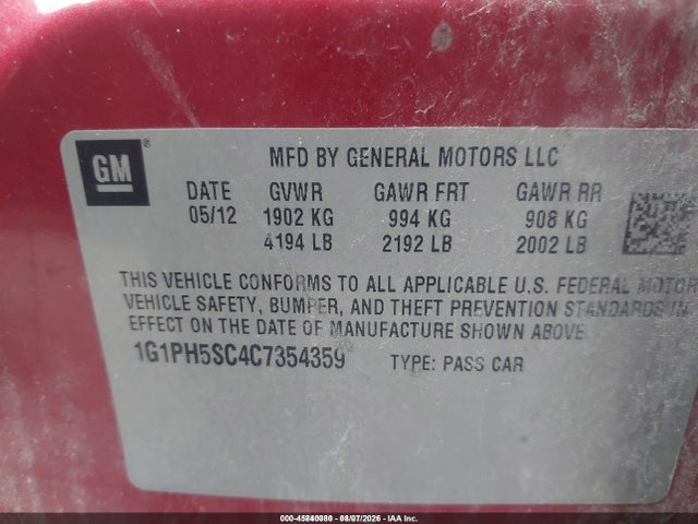 45840080 :رقم المزاد ، 1G1PH5SC4C7354359 vin ، 2012 Chevrolet Cruze Ltz مزاد بيع