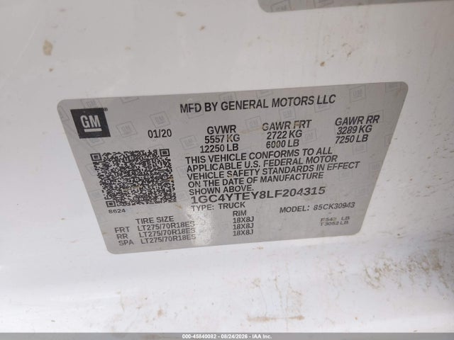 45840082 :رقم المزاد ، 1GC4YTEY8LF204315 vin ، 2020 Chevrolet Silverado 3500hd 4wd  Long Bed Lt مزاد بيع