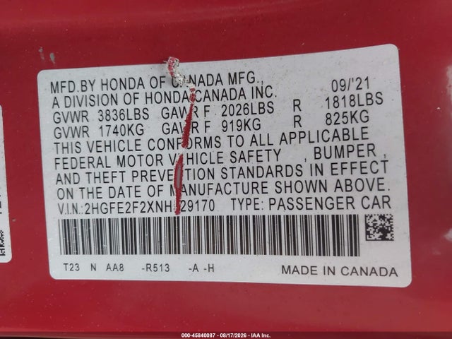 Продажа на аукционе авто 2022 Honda Civic Lx, vin: 2HGFE2F2XNH529170, номер лота: 45840087