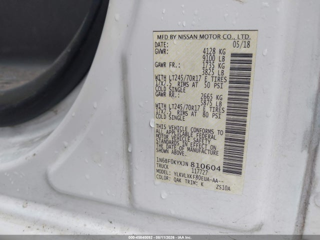 Продажа на аукционе авто 2018 Nissan Nv Cargo Nv2500 Hd Sv V6, vin: 1N6BF0KYXJN810604, номер лота: 45840092