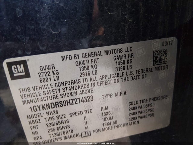 45840093 :رقم المزاد ، 1GYKNDRS0HZ274323 vin ، 2017 Cadillac Xt5 Luxury مزاد بيع