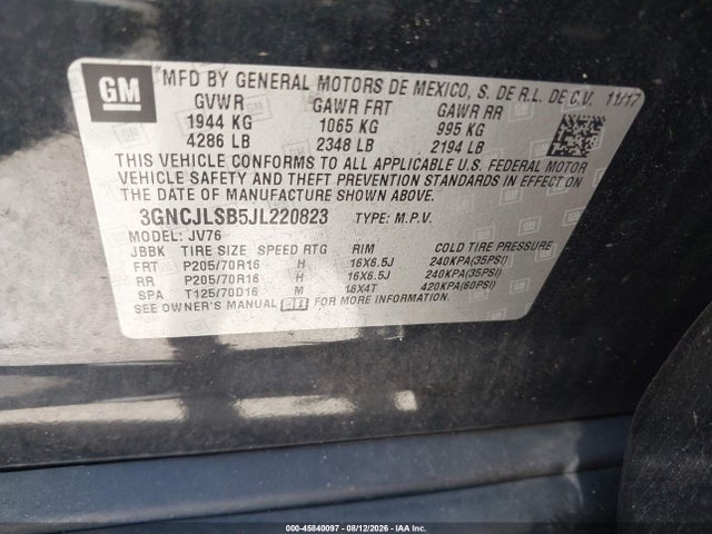 Aukcja sprzedaży 2018 Chevrolet Trax Lt, vin: 3GNCJLSB5JL220823, numer aukcji: 45840097