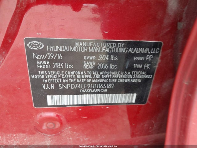 2017 Hyundai Elantra Se მანქანა იყიდება აუქციონზე, vin: 5NPD74LF9HH165189, აუქციონის ნომერი: 45840105