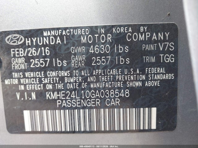 Продаж на аукціоні авто 2016 Hyundai Sonata Hybrid Se, vin: KMHE24L10GA038548, номер лоту: 45840113