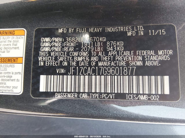 Aukcja sprzedaży 2016 Subaru Brz Limited, vin: JF1ZCAC17G9601877, numer aukcji: 45840125