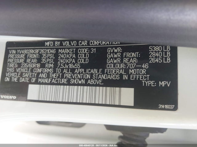 45840128 :رقم المزاد ، YV4902RK8F2631046 vin ، 2015 Volvo Xc60 T6 مزاد بيع