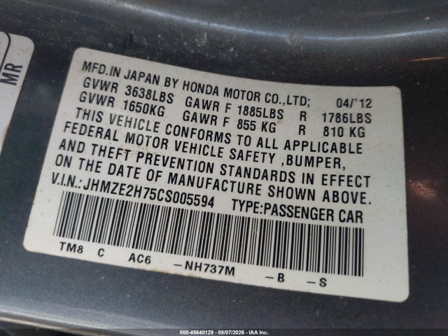 Aukcja sprzedaży 2012 Honda Insight Ex, vin: JHMZE2H75CS005594, numer aukcji: 45840129