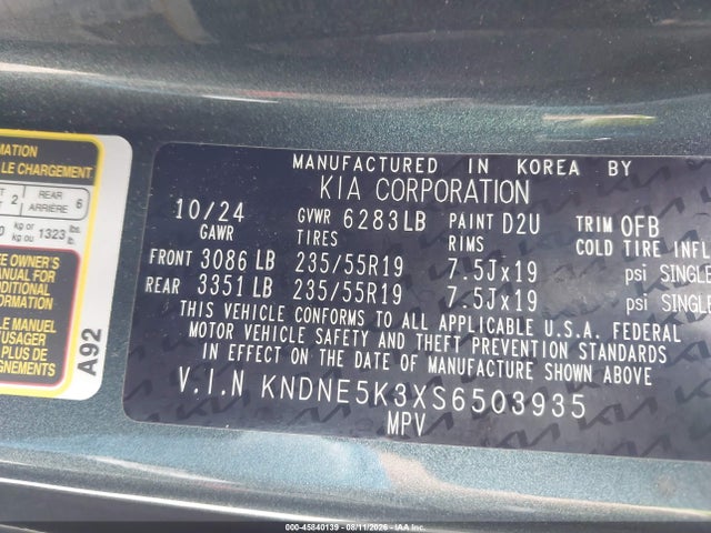 Aukcja sprzedaży 2025 Kia Carnival Mpv Sx Prestige, vin: KNDNE5K3XS6503935, numer aukcji: 45840139