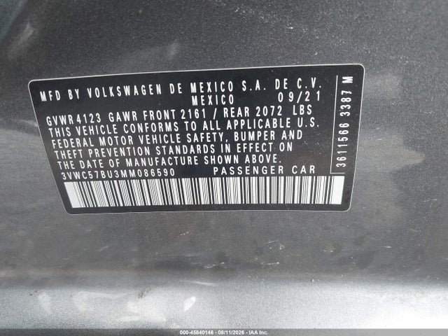 Продажа на аукционе авто 2021 Volkswagen Jetta, vin: 3VWC57BU3MM086590, номер лота: 45840146