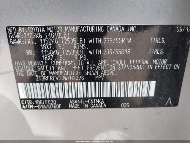 Продажа на аукционе авто 2018 Toyota Rav4 Adventure, vin: 2T3RFREV5JW702326, номер лота: 45840148
