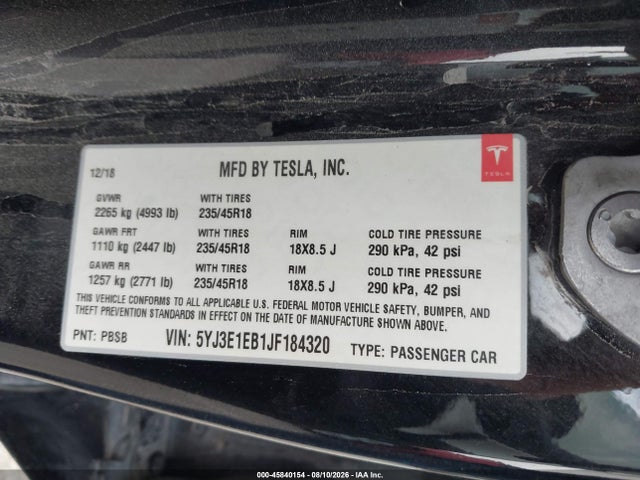 Tesla Model 3 Long Range/performance 2018 5YJ3E1EB1JF184320 Image 9