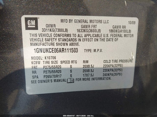 Продажа на аукционе авто 2010 Chevrolet Tahoe Ltz, vin: 1GNUKCE06AR111503, номер лота: 45840187