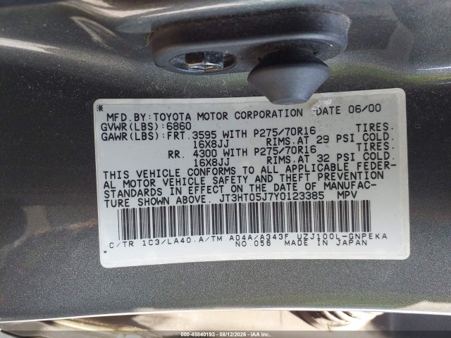 Продажа на аукционе авто 2000 Toyota Land Cruiser, vin: JT3HT05J7Y0123385, номер лота: 45840193