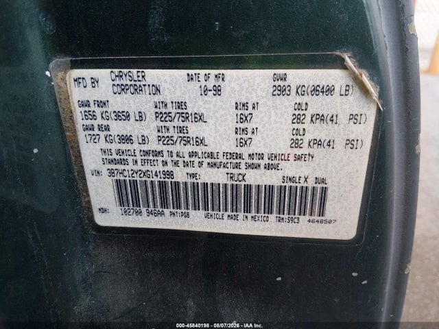 Aukcja sprzedaży 1999 Dodge Ram 1500 St, vin: 3B7HC12Y2XG141998, numer aukcji: 45840198