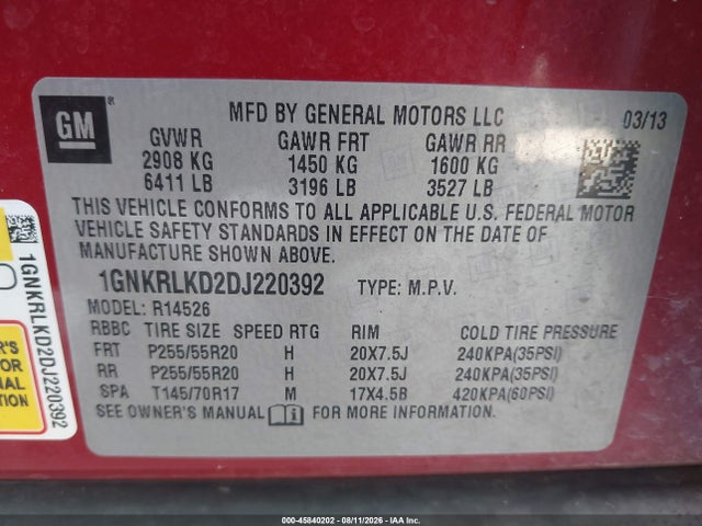 2013 Chevrolet Traverse Ltz მანქანა იყიდება აუქციონზე, vin: 1GNKRLKD2DJ220392, აუქციონის ნომერი: 45840202