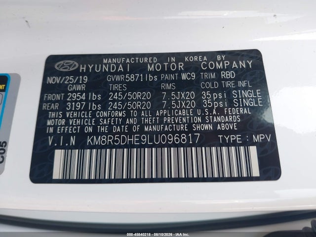 Продаж на аукціоні авто 2020 Hyundai Palisade Limited, vin: KM8R5DHE9LU096817, номер лоту: 45840218