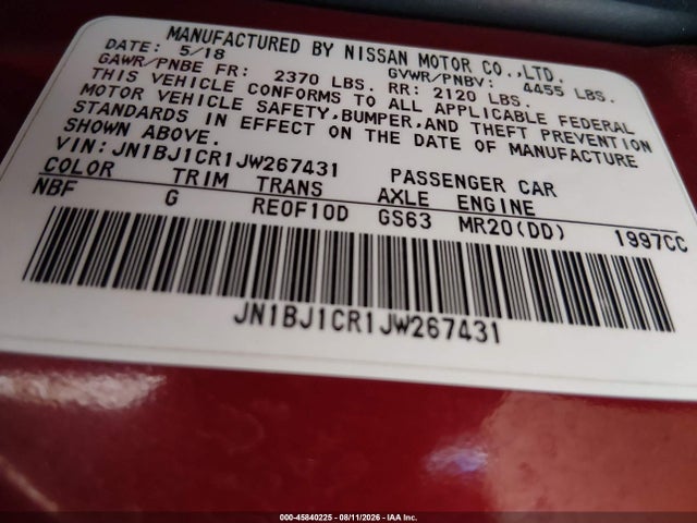 45840225 :رقم المزاد ، JN1BJ1CR1JW267431 vin ، 2018 Nissan Rogue Sport S مزاد بيع