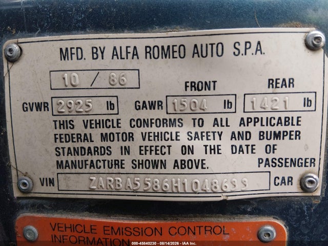 Aukcja sprzedaży 1987 Alfa Romeo Spider Veloce, vin: ZARBA5586H1048633, numer aukcji: 45840230
