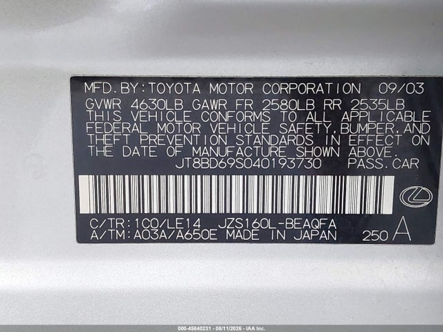 Продаж на аукціоні авто 2004 Lexus Gs 300, vin: JT8BD69S040193730, номер лоту: 45840231