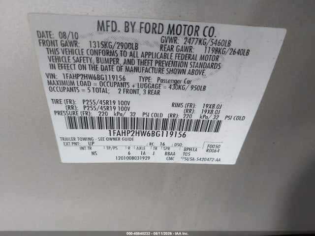 45840232 :رقم المزاد ، 1FAHP2HW6BG119156 vin ، 2011 Ford Taurus Sel مزاد بيع