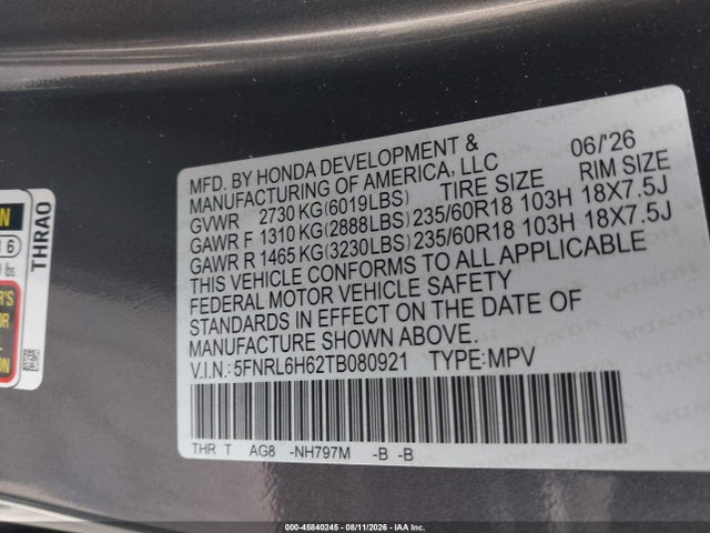 Honda Odyssey Ex-l 2026 5FNRL6H62TB080921 Image 9