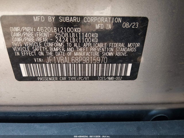 2023 Subaru Wrx Limited მანქანა იყიდება აუქციონზე, vin: JF1VBAL68P9815970, აუქციონის ნომერი: 45840254