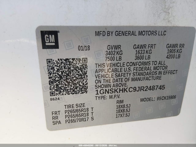 45840260 :رقم المزاد ، 1GNSKHKC9JR248745 vin ، 2018 Chevrolet Suburban Lt مزاد بيع