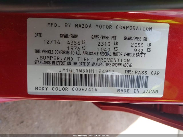 Aukcja sprzedaży 2017 Mazda Mazda6 Grand Touring, vin: JM1GL1W5XH1124913, numer aukcji: 45840319