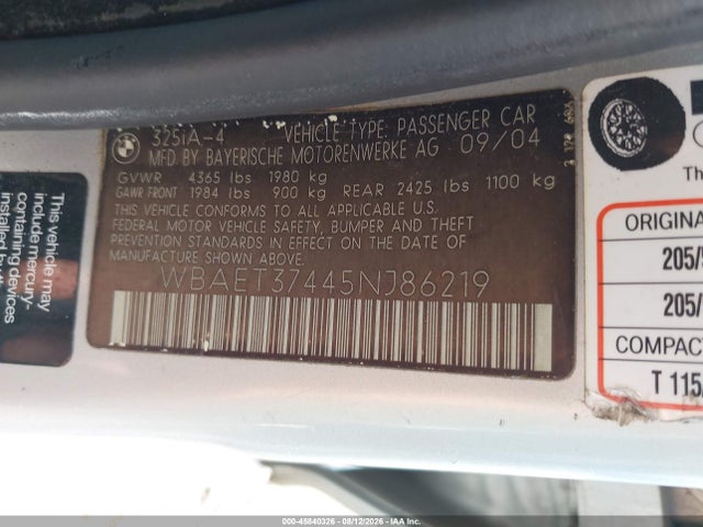 Продажа на аукционе авто 2005 Bmw 325i, vin: WBAET37445NJ86219, номер лота: 45840326