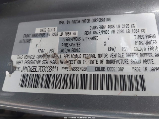 45840333 :رقم المزاد ، JM1CW2BL7C0108411 vin ، 2012 Mazda Mazda5 Sport مزاد بيع