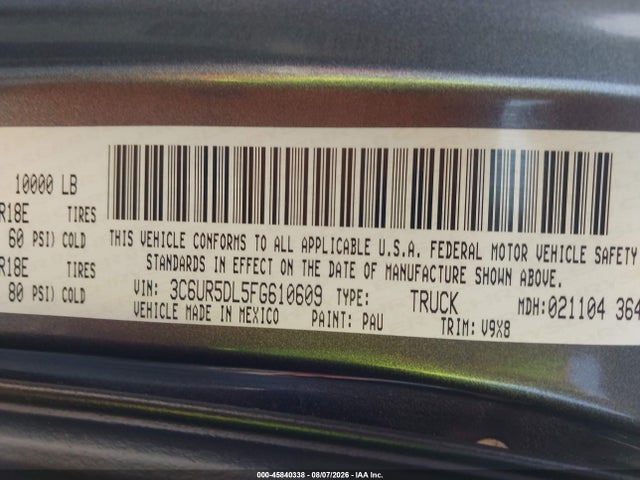45840338 :رقم المزاد ، 3C6UR5DL5FG610609 vin ، 2015 Ram 2500 Slt مزاد بيع