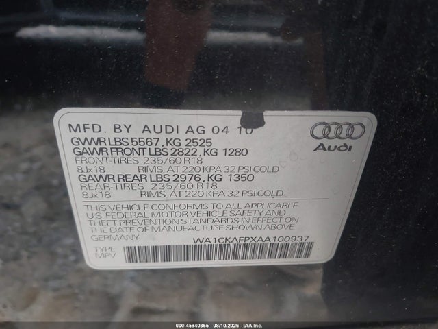 Продаж на аукціоні авто 2010 Audi Q5 3.2 Premium, vin: WA1CKAFPXAA100937, номер лоту: 45840355