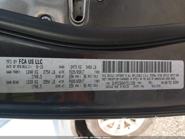 45840363 :رقم المزاد ، 3C4PDCBGXHT511258 vin ، 2017 Dodge Journey Sxt مزاد بيع
