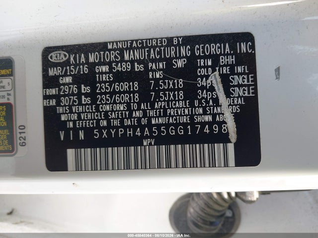 Продажа на аукционе авто 2016 Kia Sorento 3.3l Ex, vin: 5XYPH4A55GG174983, номер лота: 45840364