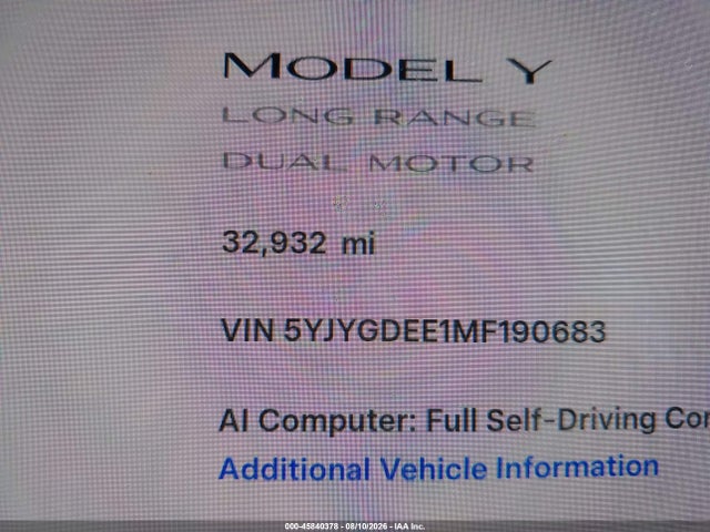 5YJYGDEE1MF190683 Tesla Model Y Long Range Dual Motor All-wheel Drive