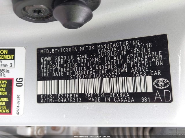 Aukcja sprzedaży 2016 Toyota Corolla Le, vin: 2T1BURHE4GC722671, numer aukcji: 45840379