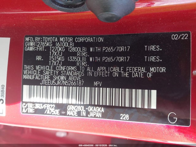 Toyota 4RUNNER SR5 2022 JTEEU5JR7N5266187 Image 9