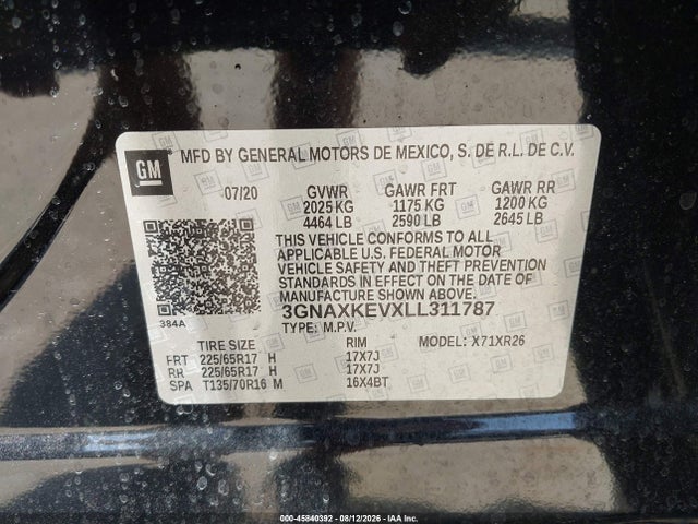 2020 Chevrolet Equinox Fwd Lt 1.5l Turbo მანქანა იყიდება აუქციონზე, vin: 3GNAXKEVXLL311787, აუქციონის ნომერი: 45840392