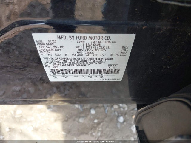 2020 Ford Edge St მანქანა იყიდება აუქციონზე, vin: 2FMPK4AP8LBB00017, აუქციონის ნომერი: 45840413