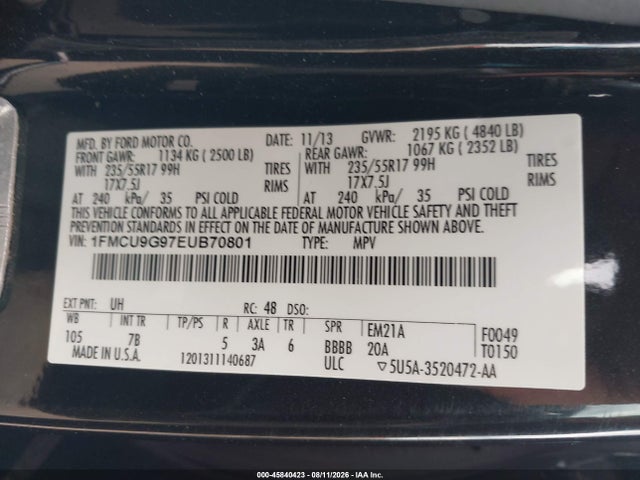Продаж на аукціоні авто 2014 Ford Escape Se, vin: 1FMCU9G97EUB70801, номер лоту: 45840423