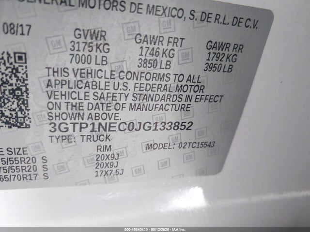 Продажа на аукционе авто 2018 Gmc Sierra 1500 Slt, vin: 3GTP1NEC0JG133852, номер лота: 45840430