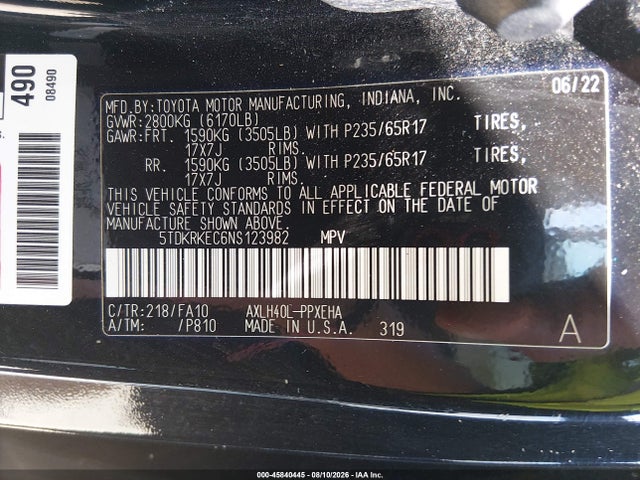 Toyota SIENNA LE 2022 5TDKRKEC6NS123982 Image 9