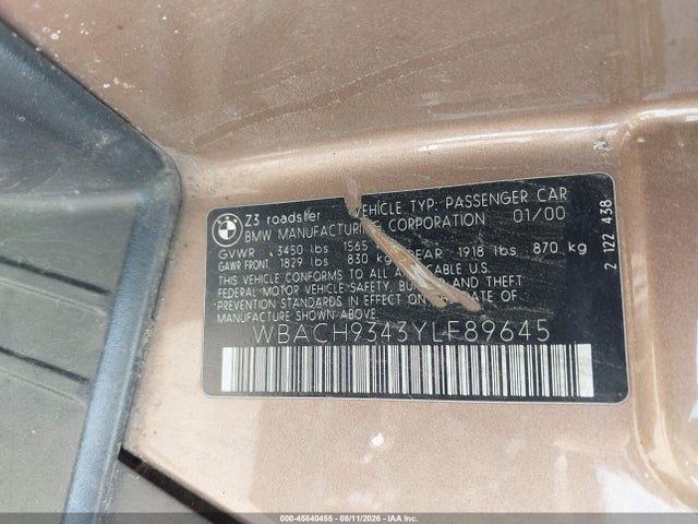 45840455 :رقم المزاد ، WBACH9343YLF89645 vin ، 2000 Bmw Z3 2.3 مزاد بيع
