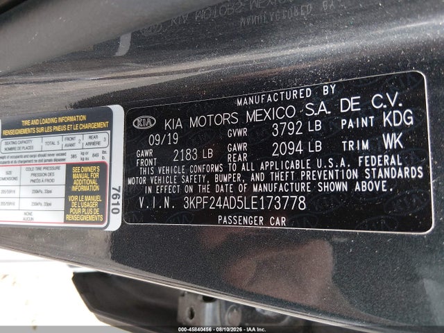Продажа на аукционе авто 2020 Kia Forte Lxs, vin: 3KPF24AD5LE173778, номер лота: 45840456