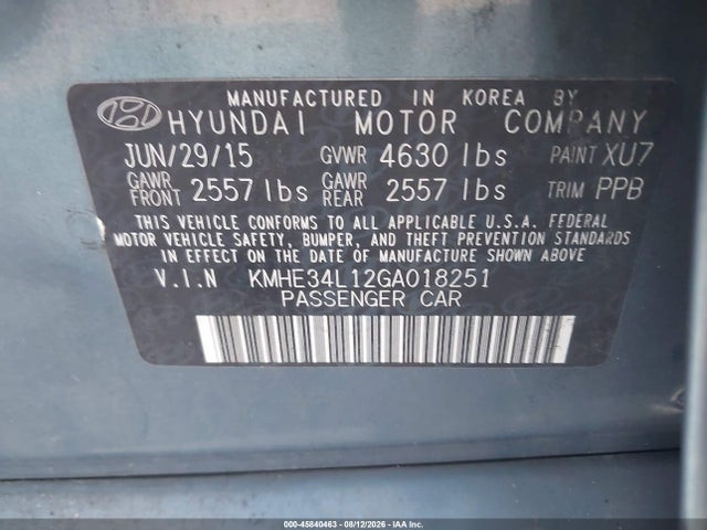 Aukcja sprzedaży 2016 Hyundai Sonata Hybrid Limited, vin: KMHE34L12GA018251, numer aukcji: 45840463