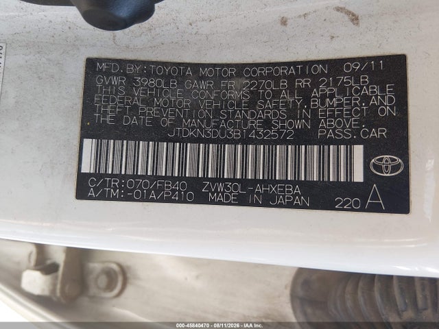 2011 Toyota Prius Three მანქანა იყიდება აუქციონზე, vin: JTDKN3DU3B1432572, აუქციონის ნომერი: 45840470