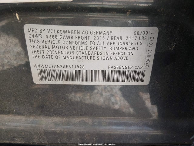 Aukcja sprzedaży 2010 Volkswagen Cc Sport, vin: WVWML7AN3AE511928, numer aukcji: 45840477