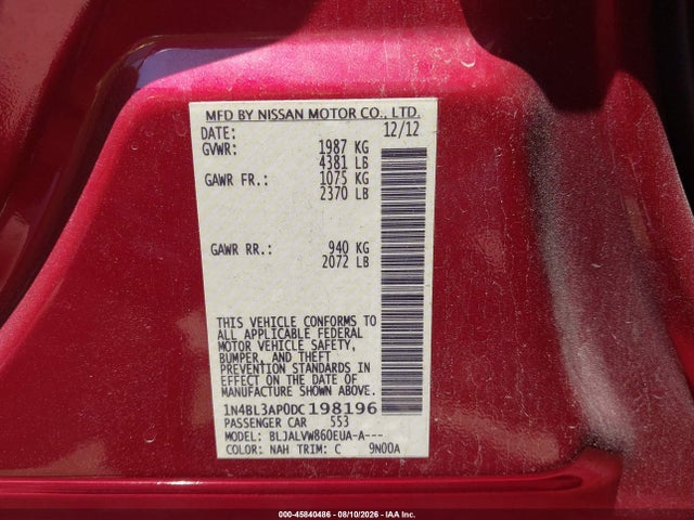 2013 Nissan Altima 3.5 Sl მანქანა იყიდება აუქციონზე, vin: 1N4BL3AP0DC198196, აუქციონის ნომერი: 45840486